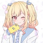  1girl blonde_hair closed_mouth collared_shirt commentary diagonal-striped_necktie gradient_hair hand_up heart highres holding holding_phone kimi_to_tsumugu_precious_memories_(project_sekai) long_hair long_sleeves looking_at_viewer multicolored_hair notice_lines official_alternate_costume one_eye_closed phone pink_eyes pink_hair project_sekai shirt smile solo split_mouth star_(symbol) suiu_(ai_gp) tenma_saki twintails two-tone_hair upper_body 