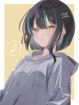  1girl black_hair blue_hair copyright_request ear_piercing grey_hoodie hair_ornament highres hood hoodie multicolored_hair musical_note piercing short_hair smile solo spoken_musical_note streaked_hair yomogi_mogu 