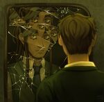  black_necktie broken_mirror brown_hair dark-skinned_male dark_skin different_reflection extra_eyes fangs green_sweater_vest green_theme highres indoors jonathan_sims mirror necktie reflection snekberry sweater_vest the_magnus_archive 