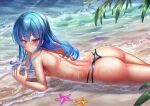  1girl alternate_costume ass beach bikini bikini_bottom_only black_bikini blue_eyes blue_hair blush breasts closed_mouth day earrings eyelashes feet_out_of_frame from_side hair_between_eyes hand_up head_rest highres hololive hoshimachi_suisei jagoo jewelry large_areolae long_hair looking_at_viewer lying nipples ocean on_stomach outdoors sand shiny_skin sidelocks small_breasts smile solo star_(symbol) star_in_eye starfish swimsuit symbol_in_eye thighs topless virtual_youtuber water wet 