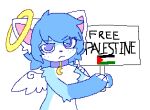  anthro areola blue_hair collar domestic_cat felid feline felis freckles furred_wings gynomorph hair intersex low_res mammal multicolored_body multicolored_hair palestine palestinian_flag politics protest protest_sign purple_eyes simple_background solo starryfeline vic_(starryfeline) white_background wings 