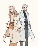  2boys black_bodysuit bodysuit brothers buttons coat commentary cosplay earrings emmet_(pokemon) frown grey_eyes grey_hair grin hand_in_pocket highres ingo_(pokemon) jewelry looking_at_viewer male_focus multiple_boys necklace open_clothes open_coat pokemon pokemon_(game) pokemon_bw pokemon_sv sada_(pokemon) sada_(pokemon)_(cosplay) short_hair shorts siblings smile standing submashell teeth turo_(pokemon) turo_(pokemon)_(cosplay) white_background white_coat 