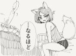  1boy 1girl animal_ear_request animal_ears armpit_crease bald bare_legs bare_shoulders beads blush breasts commentary_request crosshatching facing_away fang feet_out_of_frame fluffy furrowed_brow hands_on_bed hatching_(texture) highres horideiyasumi indoors leaning_forward linear_hatching looking_at_another looking_at_viewer mature_male medium_breasts monk nib_pen_(medium) notice_lines on_bed original over_shoulder panties prayer_beads short_hair sitting sketch sleeveless slit_pupils sweatdrop tail tail_wagging tank_top traditional_media translated tsurime turning_head underwear 