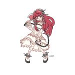  1girl axe blush chain cross_hair_ornament dress hair_ornament hairband jj4n3 lolita_fashion lolita_hairband long_hair persona persona_3 red_hair signature simple_background solo spiked_anklet white_background white_dress yoshino_chidori 