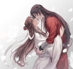  2boys artist_name bandaged_neck bandages bishounen black_hair black_nails blush braid brown_eyes brown_hair bug butterfly chinese_clothes commentary_request eye_contact eyelashes eyepatch falling_petals fingernails glowing_butterfly grey_background hair_bun hair_ribbon hanfu highres hua_cheng hug long_hair long_sleeves looking_at_another looking_down looking_up male_focus multiple_boys nail_polish parted_bangs parted_lips petals ponzu_(tms_t3) profile red_robe ribbon robe sash side_braid sidelocks simple_background single_braid single_hair_bun tianguan_cifu twitter_username vambraces very_long_hair white_background white_ribbon white_robe white_sash wide_sleeves xie_lian yaoi 