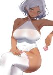  1girl :p aqua_eyes bare_arms bare_shoulders blush breasts candy closed_mouth commentary_request condom condom_wrapper crossed_legs dark_skin dh-zone food grey_hair gundam gundam_suisei_no_majo highres holding holding_candy holding_condom holding_food holding_lollipop large_breasts leotard lollipop looking_at_viewer secelia_dote short_hair simple_background sitting smile solo thighhighs thighs tongue tongue_out white_background white_leotard white_thighhighs 