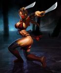  1girl arm_guards armpits ass bikini boots breasts cleavage dual_wielding full_body grey_eyes highres holding holding_sword holding_weapon large_breasts looking_at_viewer marco_nelor mask mortal_kombat_9 mouth_mask nail_polish ninja ninja_mask official_art pelvic_curtain ponytail red_bikini red_footwear red_hair red_nails sheath shoe_soles short_sword skarlet solo swimsuit sword tantou thigh_boots weapon wind wind_lift 