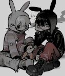  2boys animal_ears animal_hat black_eyes black_footwear black_hair black_nails black_sweater boots carrot cigarette clenched_teeth closed_mouth dark_konoha dual_persona hat highres holding holding_cigarette kagerou_project konoha_(kagerou_project) long_sleeves looking_at_viewer multiple_boys one_eye_closed pants rabbit_ears rabbit_hat red_pants sharp_teeth shoes simple_background sitting smoke sneakers striped striped_sweater sweater teeth tonkatsu184 white_background white_footwear white_hair white_pants yellow_eyes 