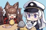  2girls amagi-chan_(azur_lane) animal animal_ear_fluff animal_ears azur_lane bird blunt_bangs bowl brown_hair chick commentary detached_sleeves eating fox_ears fox_girl fox_tail hair_between_eyes hair_ornament hat hm_(hmongt) holding holding_animal holding_bowl holding_spoon japanese_clothes kitsune kyuubi little_enterprise_(azur_lane) long_hair long_sleeves looking_at_another manjuu_(azur_lane) multiple_girls multiple_tails nervous_sweating peaked_cap purple_eyes rope shimenawa sidelocks simple_background spoon sweat symbol-only_commentary table tail thick_eyebrows torpedo_tempura twintails white_hair wide_sleeves 