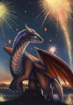  absurd_res ambiguous_gender black_body black_scales blue_mane detailed_background dragon feral fireworks glowing glowing_markings hi_res linchen looking_back mane markings membrane_(anatomy) membranous_wings night outside scales solo tail wings 