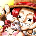  1boy 1girl age_difference aged_down anger_vein black_eyes blush cheek_bulge child closed_eyes commentary_request daichan_op grin hair_rings hat highres long_hair multicolored_hair one_piece one_piece_film:_red red_hair shanks_(one_piece) short_hair simple_background smile split-color_hair straw_hat teeth two-tone_hair uta_(one_piece) white_hair yellow_background 