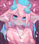  &lt;3 absurd_res anthro blue_eyes blush cherry_blossom cherry_blossom_tree cherry_tree chest_tuft clothing comfortable crown domestic_cat ears_down eyelashes eyelashes_through_hair felid feline felis fluffy fluffy_ears front_view fruit_tree fur girly hair happy headgear hi_res horn hybrid kemono lagomorph leporid looking_at_viewer lust_(yamikadesu) magic male mammal midriff navel petals pink_body pink_clothing pink_fur pink_hair pink_sweater pink_topwear pivoted_ears plant rabbit sakura smile solo standing striped_body striped_fur stripes sweater topwear translucent translucent_hair tree tuft wings yamikadesu zorobagel 