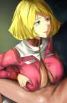  1boy 1girl blonde_hair blue_eyes breasts cafekun censored english_commentary gundam large_breasts long_sleeves mixed-language_commentary mobile_suit_gundam mosaic_censoring paizuri parted_lips penis sayla_mass short_hair smile solo_focus 