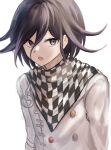  1boy :o black_hair buttons checkered_clothes checkered_scarf danganronpa_(series) danganronpa_v3:_killing_harmony double-breasted flipped_hair hair_between_eyes highres iwano_(iwanohiroko) jacket long_sleeves looking_at_viewer male_focus oma_kokichi open_mouth purple_eyes purple_hair scarf solo upper_body white_jacket 