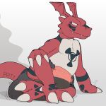  ambiguous_gender awkward_smile bandai_namco centuriguil clothed clothing diaper diaper_only digimon digimon_(species) feces guilmon messy_diaper simple_background sitting soiling solo stink_lines topless white_background 