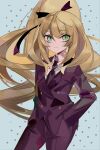  1girl blonde_hair blue_background business_suit buttons celine_(fire_emblem) dotted_background fire_emblem fire_emblem_engage green_eyes hair_tie hand_in_pocket highres long_hair necktie ruuu_ran_ran simple_background solo suit 