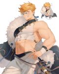  1boy abs bara bare_shoulders black_coat blush coat crop_top earrings fur-trimmed_coat fur_trim granblue_fantasy higashigunkan highres jewelry large_pectorals male_focus muscular muscular_male navel one_eye_closed open_mouth pants pectorals round_eyewear semi-rimless_eyewear silverroar&#039;s_swiftclaw_(granblue_fantasy) simple_background smile solo sunglasses teeth translation_request vane_(granblue_fantasy) white_background white_pants 