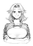  1girl breasts collarbone cropped_torso crossed_arms greyscale highres jacket large_breasts licking_lips looking_at_viewer medium_hair monochrome odoru_issei original portrait shirt smile solo tongue tongue_out white_background 