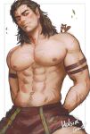  1boy abs animal_on_shoulder arm_hair artist_self-insert baldur&#039;s_gate baldur&#039;s_gate_3 bara braid brown_hair chest_hair dark-skinned_male dark_skin dungeons_and_dragons elf greenteaa hairy halsin head_tilt highres large_pectorals leg_hair male_focus mascot mature_male medium_hair muscular muscular_male navel navel_hair nipples pectorals pointy_ears solo squirrel stomach tattoo thick_eyebrows topless_male 