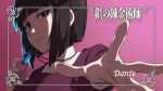  1girl amulet black_hair blue_eyes blunt_bangs bob_cut character_name collarbone copyright_name dante_(fma) fullmetal_alchemist highres jewelry laofuzi_dai_bansho looking_at_viewer necklace pink_background reaching reaching_towards_viewer short_hair solo 