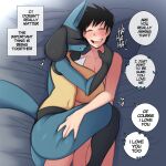  &lt;3 2023 absurd_res anthro bed big_breasts black_body blue_body blush blush_lines breasts cuddling english_text eyes_closed female fur furniture generation_4_pokemon genitals hi_res human human_on_anthro interspecies laugh lucario lying male male/female mammal multicolored_body multicolored_fur nintendo nude on_back open_mouth penis pillow pokemon pokemon_(species) pokephilia saltyxodium smile text white_body 