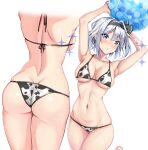  1girl :d absurdres amagi_(amagi626) animal_print armpits arms_up ass back backboob ball beachball bikini black_bow black_hairband blue_eyes bob_cut bow breasts butt_crack collarbone cow_print ghost hairband halterneck highres holding holding_ball holding_beachball konpaku_youmu konpaku_youmu_(ghost) medium_breasts multiple_views navel print_bikini short_hair simple_background skindentation smile solo_focus string_bikini swimsuit thighs touhou white_background white_hair 