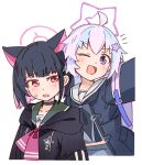  2girls ahoge animal_ears black_choker black_hair black_jacket black_neckerchief blue_archive blush cat_ears choker colored_inner_hair green_sailor_collar grey_serafuku hair_between_eyes hair_ornament halo highres hood hood_down hooded_jacket jacket kazusa_(blue_archive) long_hair long_sleeves multicolored_hair multiple_girls neckerchief one_eye_closed open_clothes open_jacket open_mouth pink_hair pink_halo purple_eyes purple_hair purple_halo red_eyes reisa_(blue_archive) sailor_collar school_uniform serafuku shiromoca short_hair smile star_(symbol) star_hair_ornament twintails white_sailor_collar 