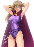  1girl arms_behind_head belt blue_eyes blush brown_hair cape commission cowboy_shot dated game_queen gauntlets highleg highleg_leotard highres leotard long_hair narara_superboard nose_blush pixiv_commission purple_belt purple_cape purple_leotard signature simple_background solo white_background yoo_tenchi 
