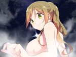  1girl blonde_hair breasts closed_mouth completely_nude fang from_side green_eyes highres inuyama_aoi large_breasts long_hair looking_at_viewer night night_sky nude ponytail signature skin_fang sky smile solo star_(sky) starry_sky steam swept_bangs thick_eyebrows upper_body yasu_(pixiv) yurucamp 