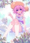  1girl bare_legs bare_shoulders binato_lulu bracelet dress hair_between_eyes hair_ornament happy hat highres jewelry looking_at_viewer neck_ribbon neptune_(neptune_series) neptune_(series) pink_hair purple_eyes purple_ribbon ribbon shirt shoes short_hair signature sitting sleeveless smile solo straw_hat 