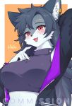  1girl absurdres animal_ears black_jacket breasts commission crop_top earrings fox fox_ears furry grey_hair highres jacket jewelry large_breasts long_hair mo_(k40633) open_mouth original red_eyes solo 