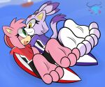  3_toes absurd_res amy_rose anthro barefoot blaze_the_cat domestic_cat duo eulipotyphlan feet felid feline felis female hedgehog hi_res mammal mintytempest sega soles sonic_the_hedgehog_(series) surfboard surfing toes 