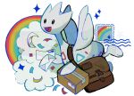  box brown_bag cardboard_box cloud commentary confetti english_commentary full_body highres holding holding_letter letter no_humans open_mouth pokemon pokemon_(creature) postage_stamp rainbow simple_background smile solo togetic vhsdruid watermark white_background 