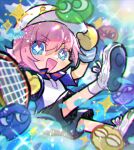  1boy black_shorts blue_eyes diamond-shaped_pupils diamond_(shape) doradorakingyo holding_tennis_racket male_focus mittens ocean_prince pink_hair puyopuyo puyopuyo_fever puyopuyo_quest salde_canarl_shellbrick_iii short_hair short_sleeves shorts socks solo symbol-shaped_pupils white_footwear white_headwear white_socks yellow_mittens 