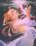  1girl absurdres air_bubble blue_bow blue_eyes bow bra bubble choker commentary dress flower gjygyao highres interface_headset long_hair neon_genesis_evangelion off_shoulder orange_hair panties parted_lips red_flower red_rose rose solo souryuu_asuka_langley two_side_up underwater underwear white_choker white_dress yellow_bra yellow_panties 