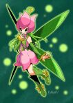  1girl artist_name boots detached_sleeves digimon digimon_(creature) dress fairy flower full_body green_background green_footwear green_sleeves hair_vines highres knee_boots leaf_wings lilimon looking_at_viewer monster_girl nail_polish petals pink_dress plant_girl solo yukari_(yukari21653710) 