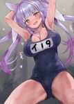  1girl armpits bare_arms bare_legs bare_shoulders blue_one-piece_swimsuit blush breasts cleavage covered_navel heart highres i-19_(kancolle) kantai_collection large_breasts long_hair mizuta_kenji name_tag one-hour_drawing_challenge one-piece_swimsuit open_mouth purple_hair red_eyes school_swimsuit smile solo spread_legs star-shaped_pupils star_(symbol) swimsuit symbol-shaped_pupils tri_tails 