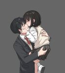  1boy 1girl age_difference bare_legs bbatne black_hair black_skirt black_suit blush business_suit carrying carrying_person child closed_eyes female_child formal grey_background kiss necktie original red_necktie simple_background skirt socks suit sweater_vest white_footwear white_socks 