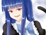  1girl blue_bow blue_eyes bow cat_tail commentary_request frederica_bernkastel frills hime_cut kurahika open_mouth portrait purple_eyes sidelocks smile solo tail umineko_no_naku_koro_ni 