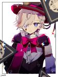  1boy blouse bow bowtie cowboy_shot genshin_impact grey_hair hair_over_one_eye hat highres lyney_(genshin_impact) male_focus minonome1206 purple_eyes red_bow red_bowtie shirt short_hair simple_background solo sparkle teardrop_tattoo top_hat white_background 