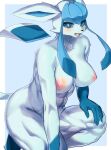  anthro blue_body blue_eyes blush breasts eeveelution female generation_4_pokemon glaceon looking_at_viewer miyanokoko muscular muscular_female nintendo nipples nude open_mouth pokemon pokemon_(species) simple_background solo 