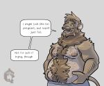 absurd_res anthro armpit_hair belly belly_hair body_hair chest_hair dialogue felid hi_res holding_belly lion looking_at_viewer male male_anthro mammal nipples overweight pantherine simple_background solo solo_focus talking_to_viewer thekinkybear 