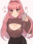  1girl alternate_costume blunt_bangs blush breasts brown_sweater cellphone cleavage cleavage_cutout clothing_cutout commentary fire_emblem fire_emblem:_three_houses heart highres hilda_valentine_goneril holding holding_phone large_breasts long_hair long_sleeves looking_at_viewer phone pink_eyes pink_hair ponytail purrlucii smartphone smile solo sweater turtleneck turtleneck_sweater upper_body very_long_hair 
