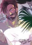  1boy alternate_costume bara beard clothes_lift cover cover_page doujin_cover facial_hair forked_eyebrows graves_(league_of_legends) head_tilt highres karipaku league_of_legends lifted_by_self looking_at_viewer male_focus mature_male muscular muscular_male mustache nipples pectorals plant shirt shirt_lift short_hair solo thick_eyebrows upper_body wet wet_hair white_shirt 