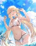  1girl ahoge arms_up artoria_caster_(fate) artoria_caster_(swimsuit)_(fate) artoria_pendragon_(fate) bikini blonde_hair breasts fate/grand_order fate_(series) green_eyes harupy highres long_hair medium_breasts navel ocean sunlight swimsuit twintails wading white_bikini 