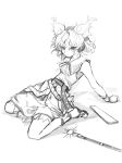  1girl 80isiiii absurdres arm_support bracelet closed_mouth full_body greyscale headphones highres jewelry monochrome pointy_hair ribbon ritual_baton sandals sheath sheathed shirt short_hair simple_background sketch skirt sleeveless sleeveless_shirt solo sword touhou toyosatomimi_no_miko weapon white_background 