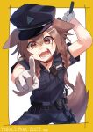  1girl absurdres animal_ears baton_(weapon) blue_shirt bone_hair_ornament braid brown_eyes brown_hair collar dog_ears dog_girl dog_tail gloves hair_between_eyes hair_ornament hat highres hololive inugami_korone long_hair looking_at_viewer open_mouth pointing pointing_at_viewer police police_hat police_uniform shirt solo tail twin_braids uniform virtual_youtuber walkie-talkie weapon westlee_ar white_gloves 