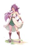  1girl :d animal_ears artist_name bare_shoulders blush bracer breasts commentary dress english_commentary fang freckles full_body green_eyes hand_on_own_hip highres hooves horns long_hair looking_at_viewer medium_breasts open_mouth original personal_ami ponytail purple_hair simple_background single_horn skirt_hold sleeveless sleeveless_dress smile solo standing tail thigh_strap very_long_hair white_background 