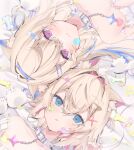  2girls :3 animal_ear_fluff animal_ears belt_collar blonde_hair blue_eyes blue_hair blush collar dog_ears dog_girl fuwawa_abyssgard hair_ornament hairpin harui_(hr_x9_) heart_on_chest highres hololive hololive_english long_hair looking_at_viewer medium_hair mococo_abyssgard multicolored_hair multiple_girls perroccino_(fuwamoco) pink_eyes pink_hair siblings sisters spiked_collar spikes streaked_hair twins virtual_youtuber white_collar x_hair_ornament 