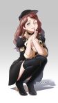  1girl absurdres boots breasts brown_hair cabbie_hat choker cleavage dorothea_arnault earrings fire_emblem fire_emblem:_three_houses floof_n_wool garreg_mach_monastery_uniform green_eyes hand_to_own_mouth hat heart high_heels highres jewelry large_breasts long_hair looking_at_viewer nail_polish one_eye_closed pixiv_username red_nails skirt smile solo squatting thigh_boots 